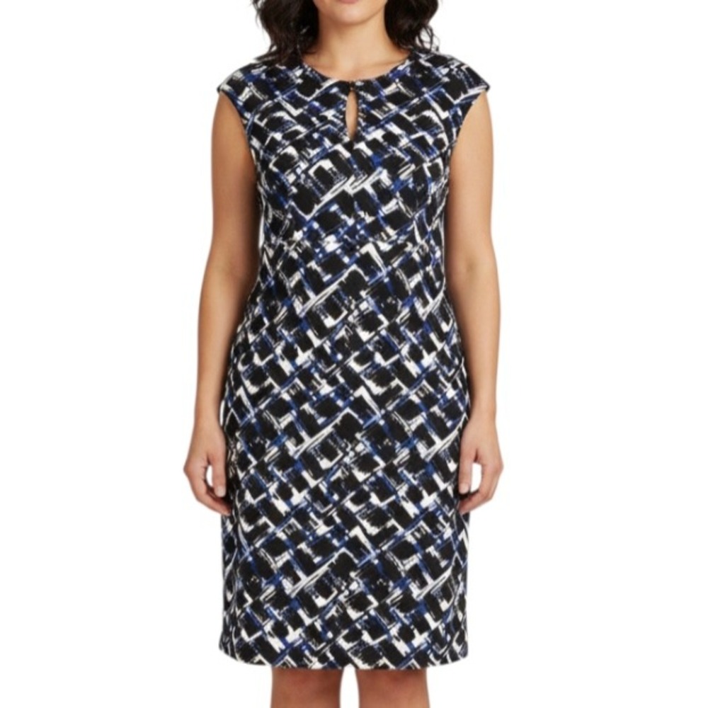 ANN TAYLOR Blue/Black BRUSHSTROKE PRINT Stretch Knit KEYHOLE NECK Sheath Dress 0